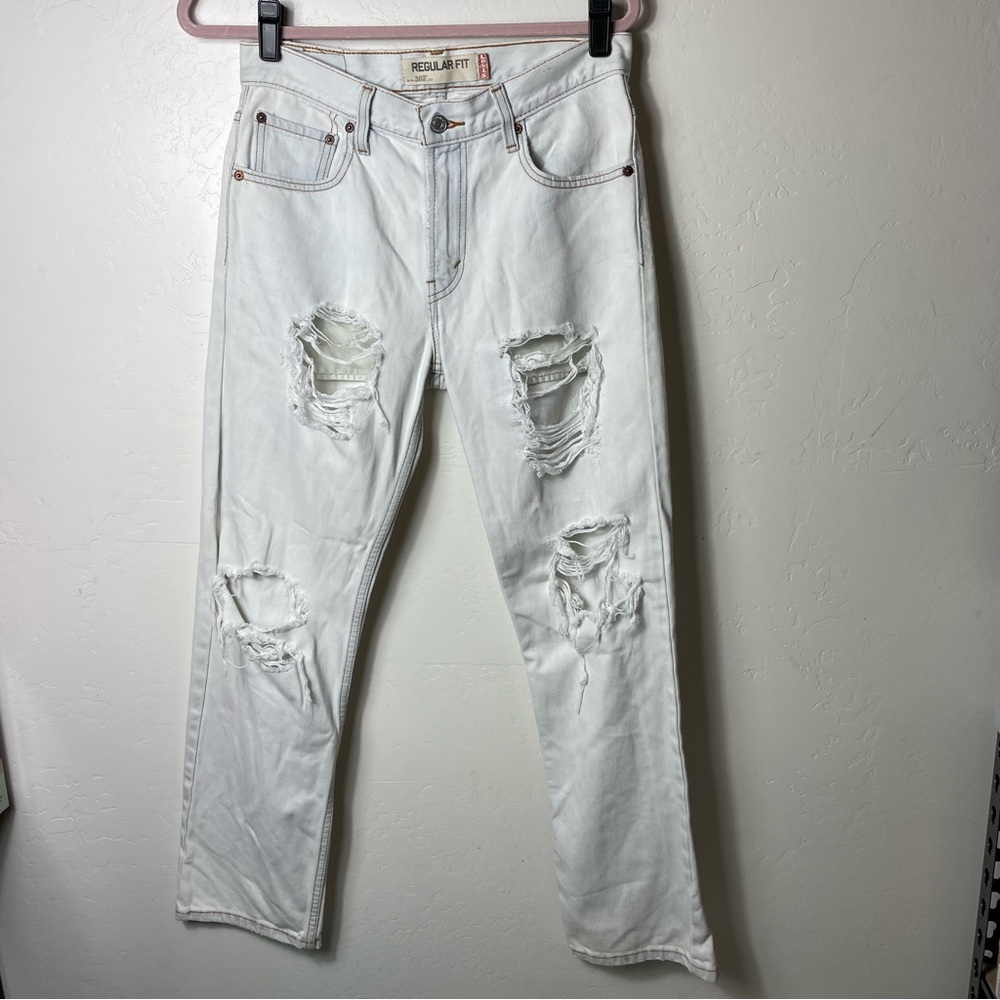 Levis 505 Jeans Mens 29X30 Light Blue Denim Distressed Straight Leg Mid Rise